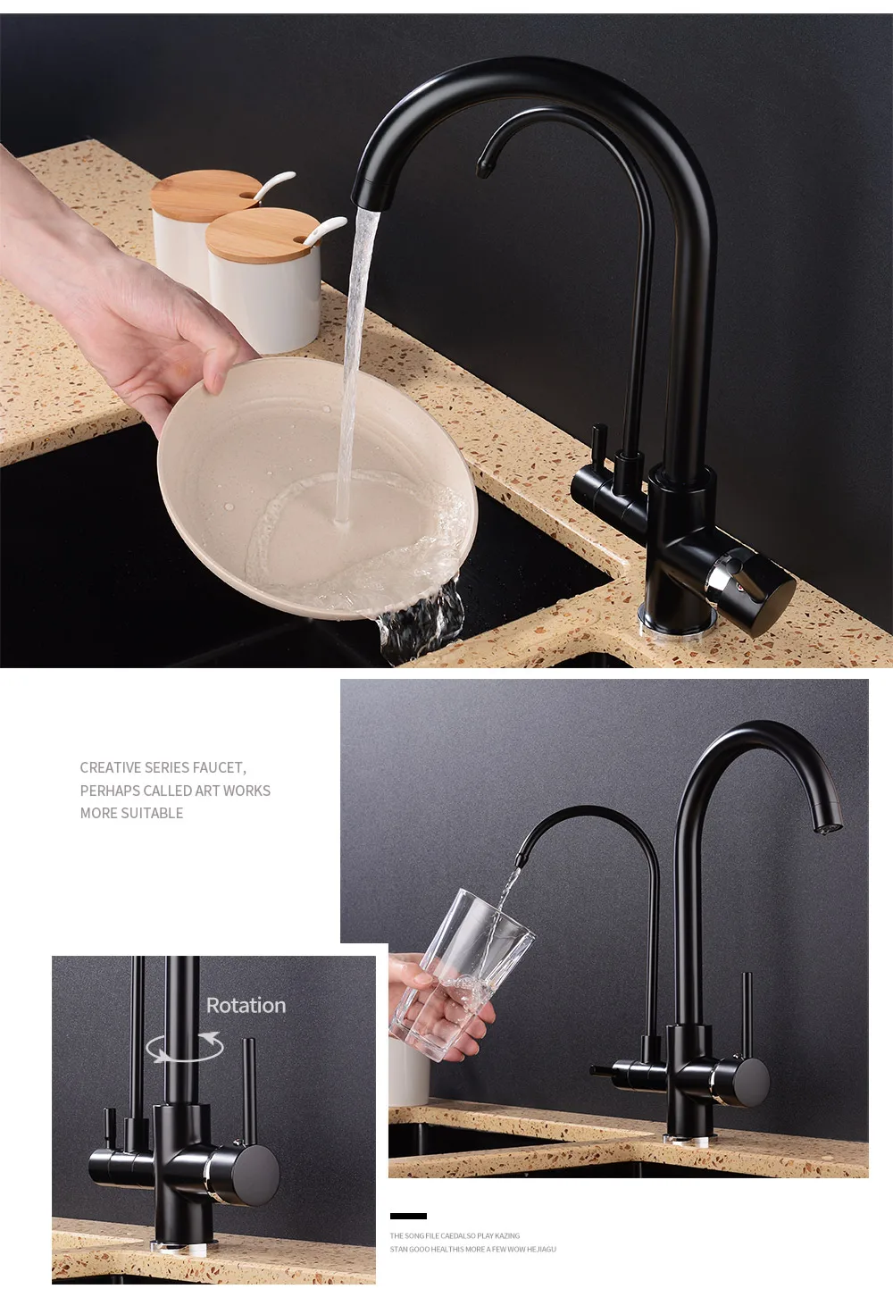 New style Black Kitchen Water Purifica Faucet with Filtered Water Right angle Double Spout Kitchen Tap Bronze Sink Mixer Crane