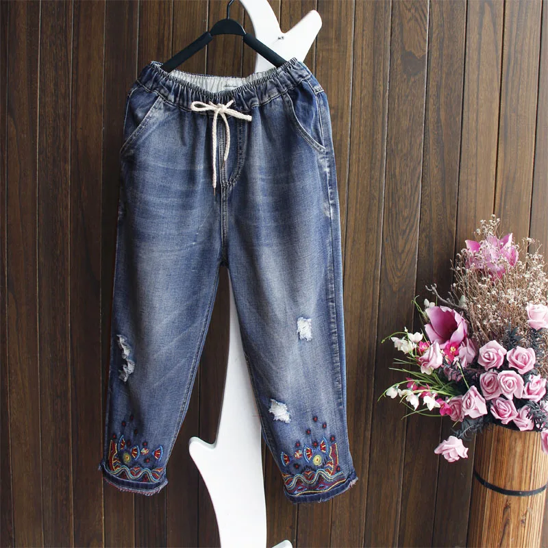 Casual Embroidery Jeans Femme High Waist Drawstring