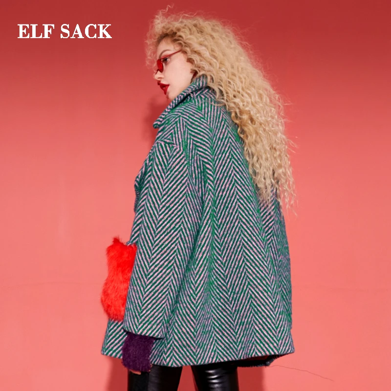ELF saco 35.8% abrigos de lana de las mujeres de invierno piel roja bolsillos recto abrigos Oversize cuello de rayas gruesas de lana abrigos - 3