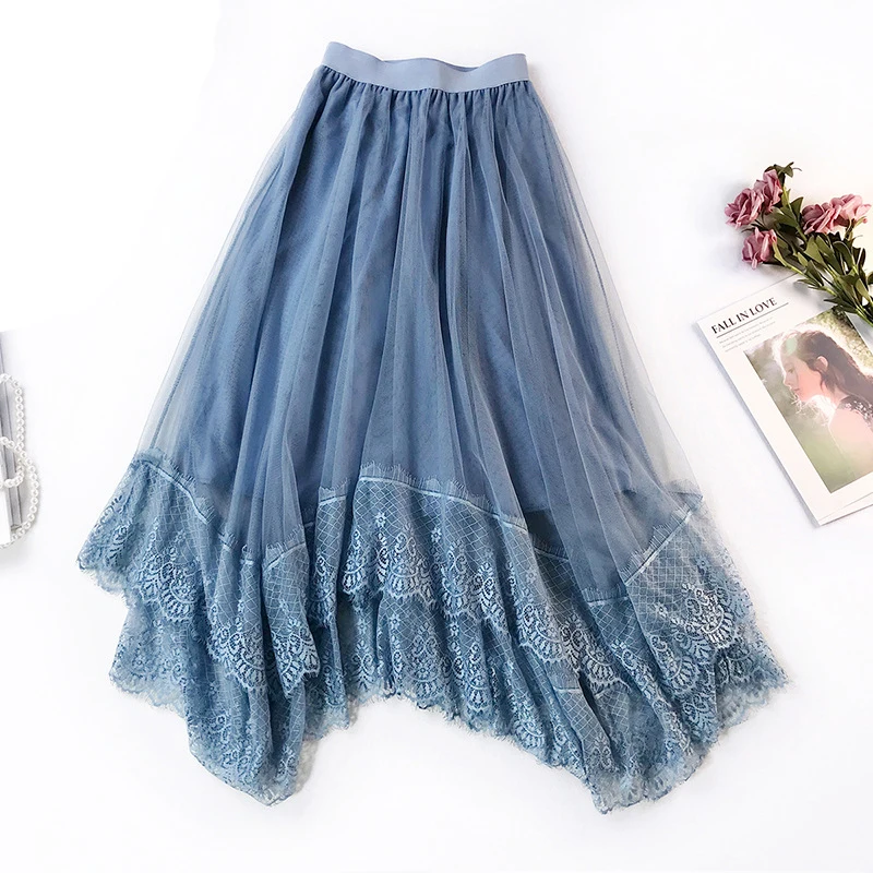 2019 New Spring Little Fairy Skirt Romantic Lace Tulle Skirt Women Mesh Skirt Irregular A Line Big Swing tutu Skirts for Women 2019 New Spring Little Fairy Skirt Romantic Lace Tulle Skirt Women Mesh Skirt Irregular A Line Big Swing tutu Skirts for Women