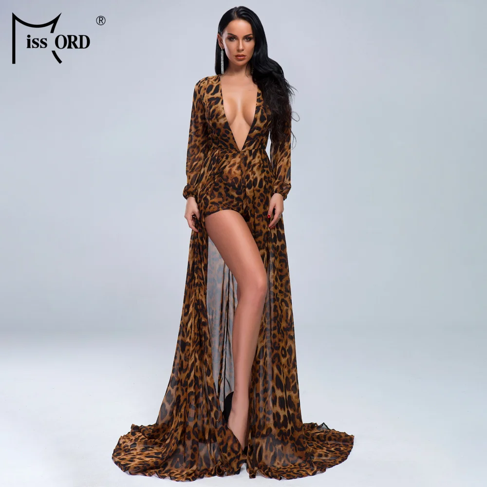 

Missord 2019 Sexy Deep V-Neck Open FRONT SPLIT Cloak Style Leopard Chiffon Playsuit JUMPSUITS FT19443