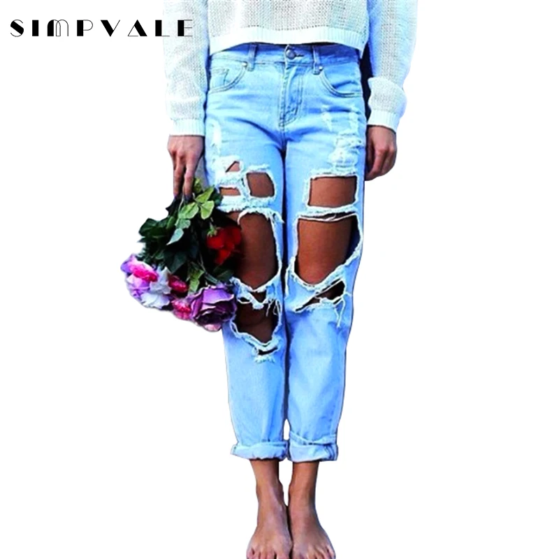 2017 Fashion Ripped Jeans Women Casual Washed Holes Jeans Regular Long Wild Denim Pants S XL