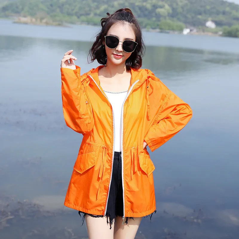 

Female Summer Long Outwear Sun Protection Cycling Clothing Girls Orange Coat Thin Beachwear Casual Women Hooded Jacket Plus Size