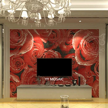 

Rose flower bushes TV background red mosaic puzzle painting glass mosaic tile wall sticker house decoration bathtub backdrop
