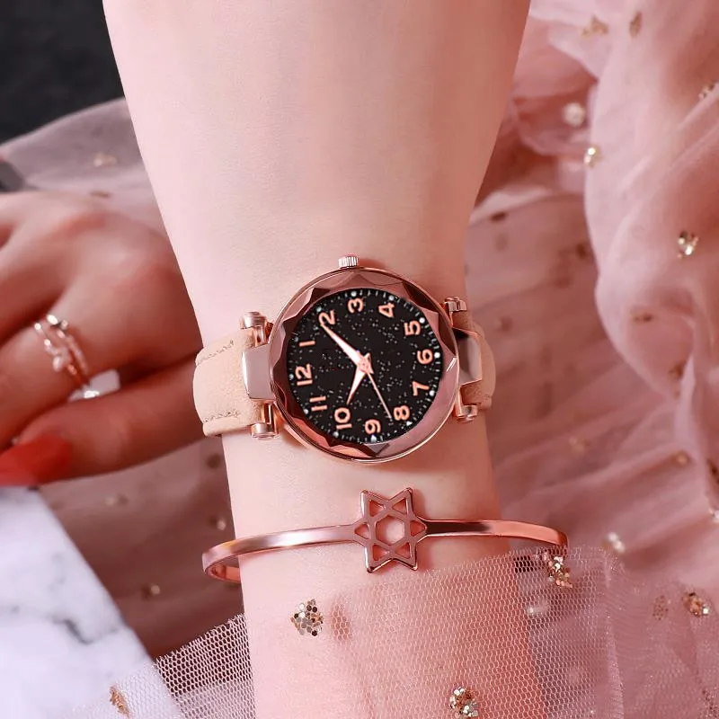 Светящиеся звездное небо часы женские кварцевые Кожаный ремешок цифровой циферблат женские наручные часы с геометрическим кристаллом повседневные цветы Reloj Mujer - Цвет: Apricot