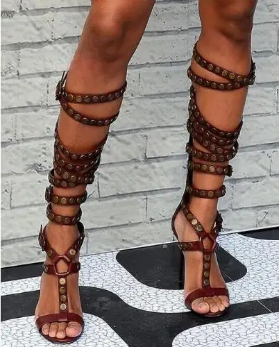 

Summer Hot Red Brown Leather Buckles Women Knee High Boots Open Toe Ladies High Heel Boots Fashion Gladiator Boots Party Shoes