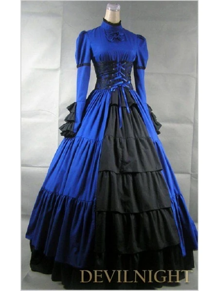 Blauw en zwart lange mouwen maskerade gothic baljurken