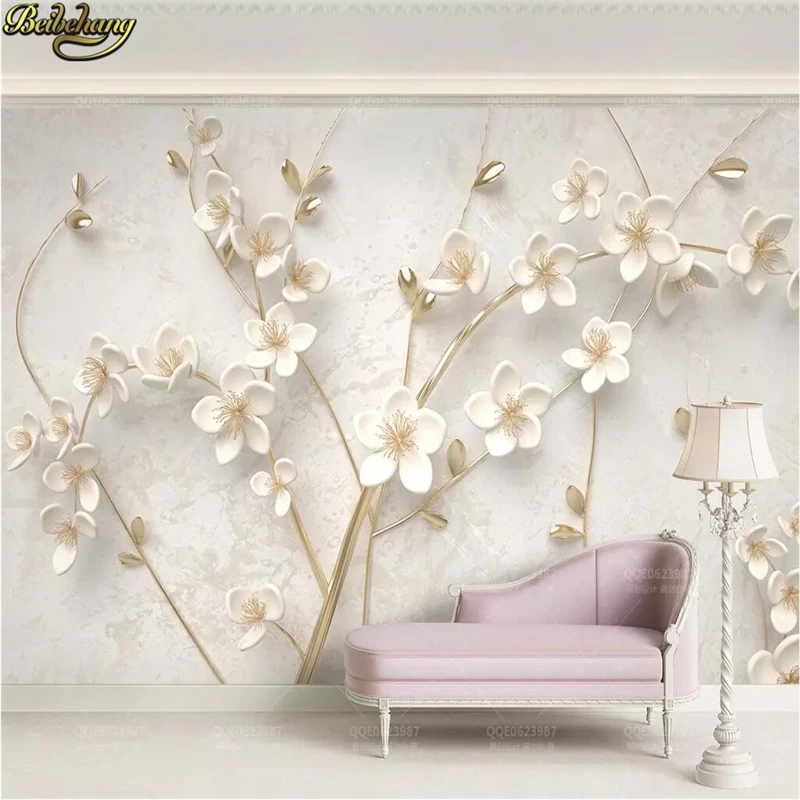beibehang Custom Simple European Golden White Plum Mural Wall Papers 3D Art Wall Decor Restaurant Living Room Bedroom Wallpaper