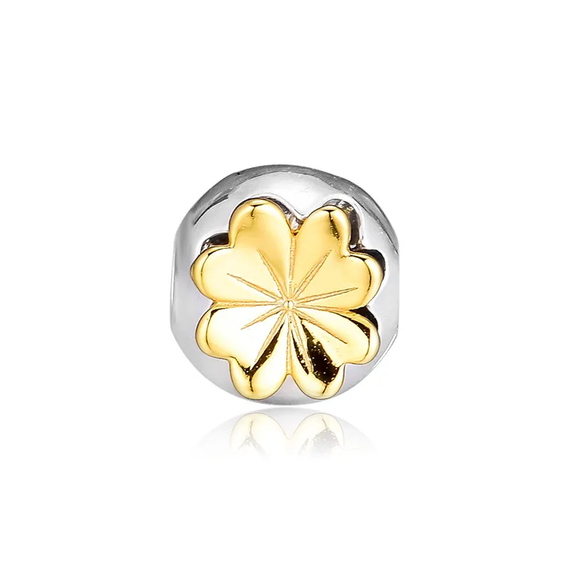 

2019 Spring Round Clip Beads for Charms Bracelets Women Fine Silver 925 Jewelry Golden Shine Clover Beads for Jewelry Making DIY