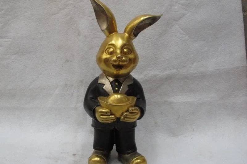 

100% Bronze 24K Gold Gilt Silver auspicious wealth Yuan Bao Money rabbit hare