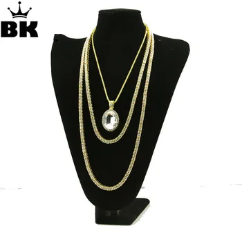 

Colorful 1 Row Tennis Iced Out Hip-Hop 3 Necklace Set Fashion Gold Tone Rhinestone Pendant Necklace Jewelry
