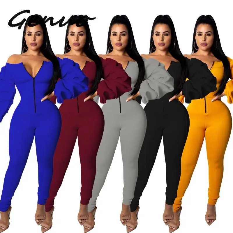 Genuo Autumn 2019 Sexy Design Hot Sale Women Long Jumpsuits Solid Slash Neck Full Sleeve Lady Age Reduction Bodycon Romper |