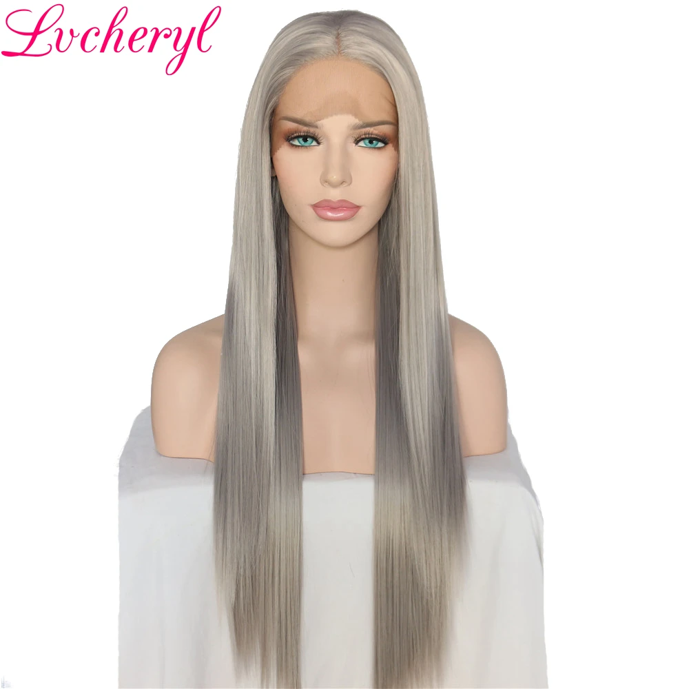 

Lvcheryl Hand Tied Natural Long Silky Straight Silver Grey Color High Density Heat Resistant Glueless Synthetic Lace Front Wigs