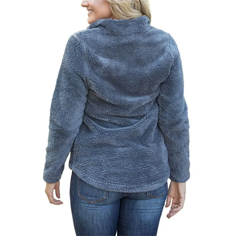 Для женщин флисовый свитер шерпа флисовая Водолазка пуловер с косой молнией пушистое теплое пальто многоцветный джемпер повседнев