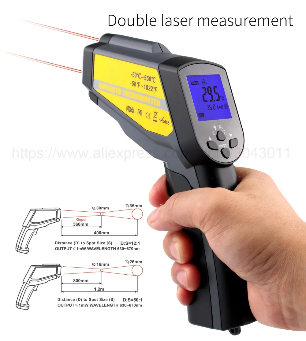 Цифровой инфракрасный термометр лазер Температура Пистолет Бесконтактный 550/750/1100/1300/1600 градусов Инфракрасный термометр градусов по Фаренгейту/Цельсия