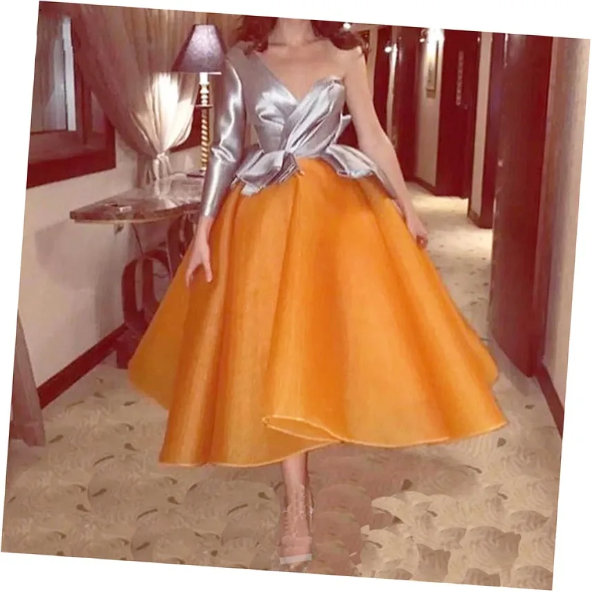 

Delicate Evening Gowns robe de soiree Custom Made Prom Gown Formal Dress One Shoulder Silver Top vestido de festa longo
