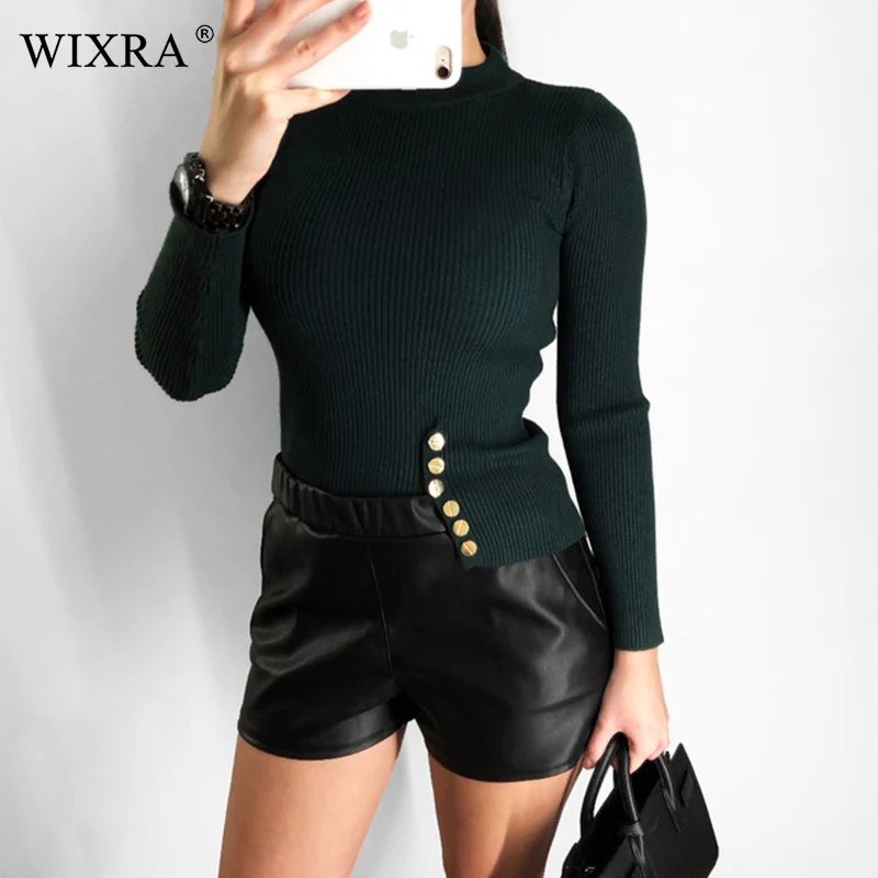 

Wixra 2018 Winter New Sweaters For Woman Long Sleeve Gold Buttons Elegant Pullover Knitted Top Warm Knit Jumper Casual Sweater
