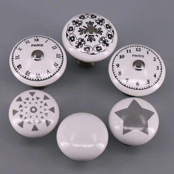 1PCS Kitchen Door Cabinets Cupboard Round Knobs Handles Star Clock Printed White Ceramic Porcelain Pull Handle Knob for kid room
