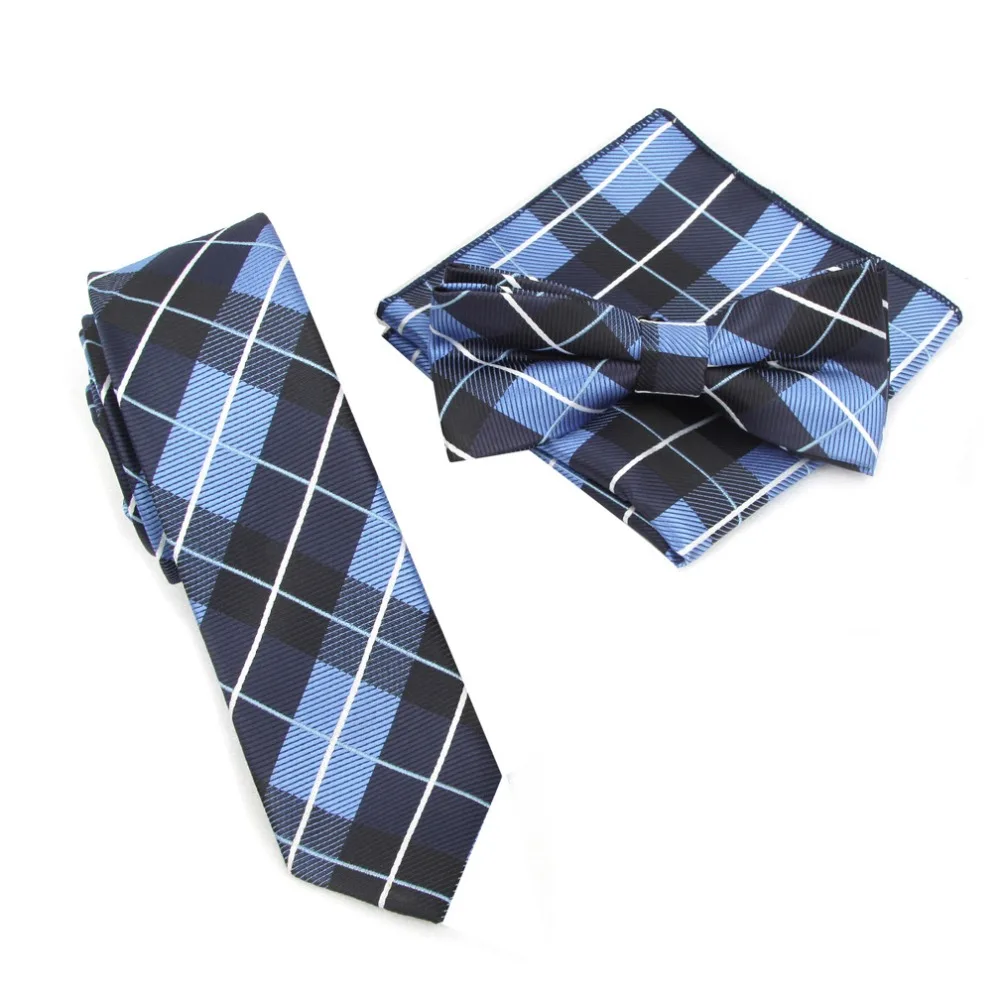  2019 Slim Tie Plaid Ties Set Bowtie Handkerchief Pocket square Necktie 21 colors