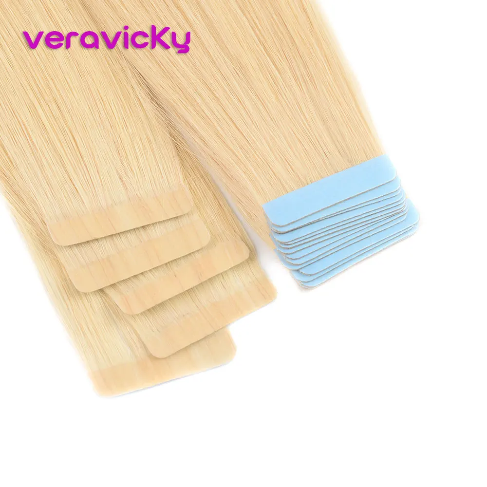 

Veravicky Platinum Blonde Tape In Human Hair Extensions 16"-20"Remy Hair #60 Straight Skin Weft Hair Extension