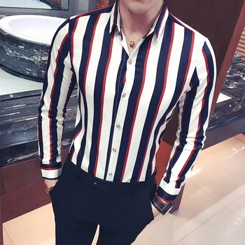 

Korean Striped Shirt Men Navy Black Red Stripe Shirt Men Long Sleeve Button Down Dress Blouse Men Camicia Uomo Plus Size 5xl