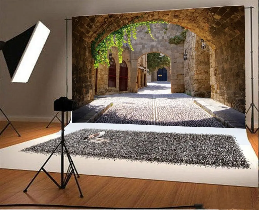 

Photography Backdrop Medieval Arched Street in Old Town of Rhodes Greece Photo Background Party