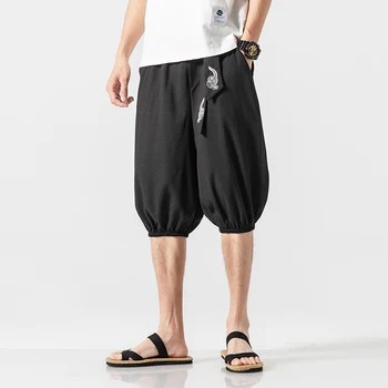 

MR-DONOO Summer New Solid Shorts Short Pants Elastic Waist With Belt Jogger Shorts Totem Embroidery Knee Length Pants A032-AK88