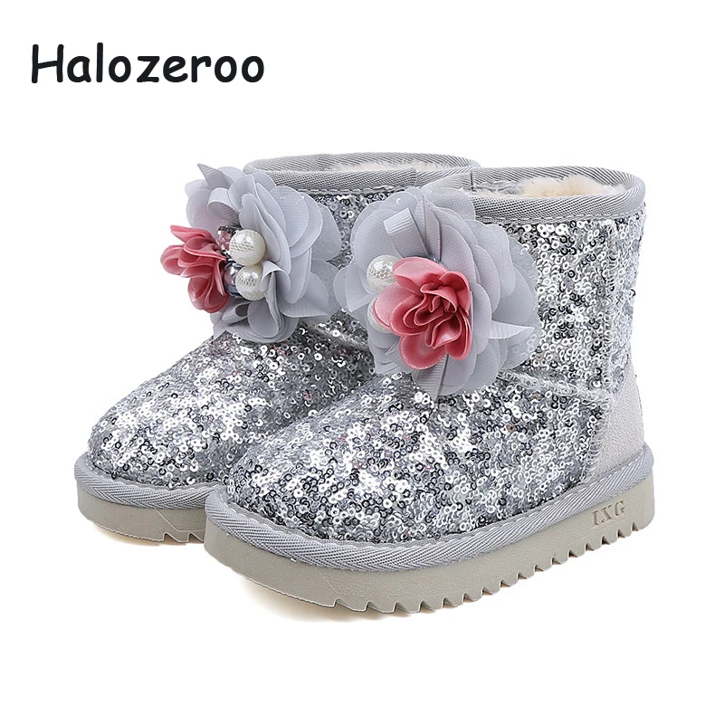 

Halozeroo Winter Baby Girl Flower Snow Boots Children Sequin Mid Calf Boots Kid Warm Bow Shoes Brand Glitter Fashion Black Boots