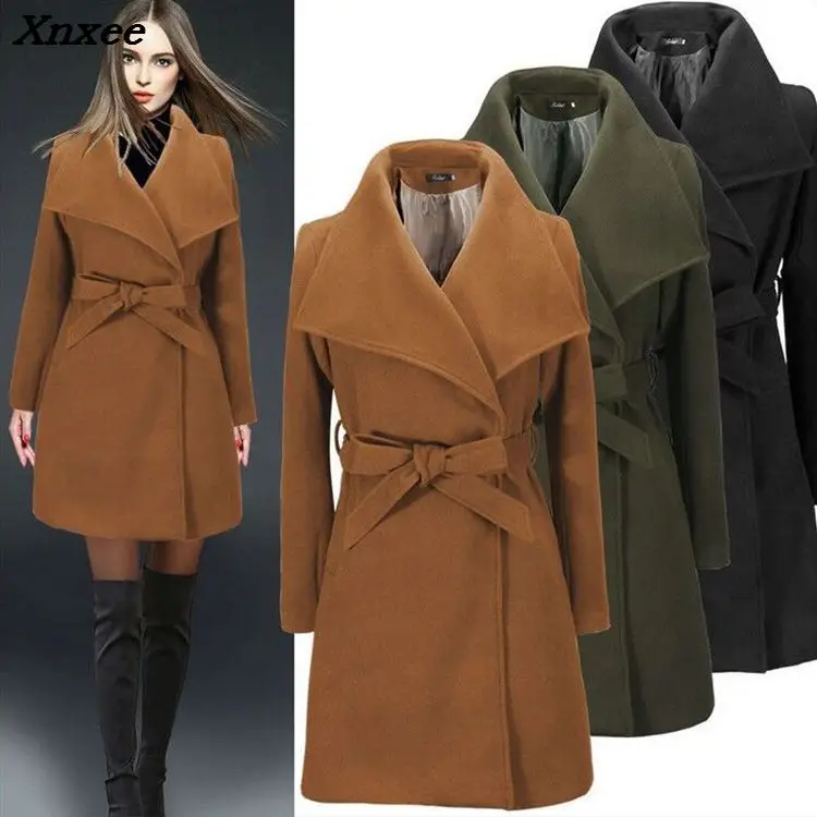 

Slim Wool Coat England Style Wool Blend Coat and Jacket Sashes Women Coats Autumn Winter Xnxee