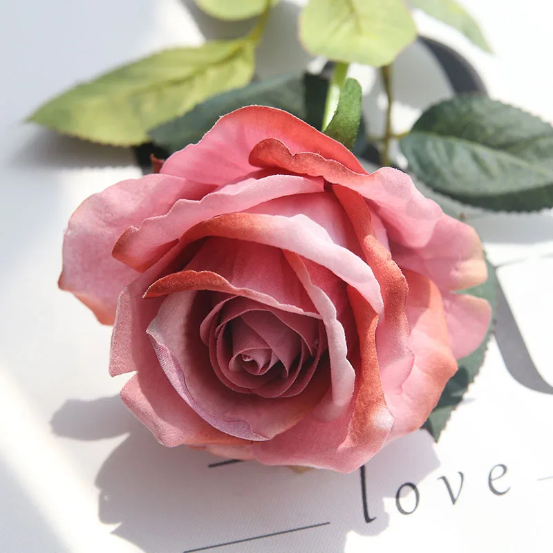 Искусственные розы, цветы, свадебные букеты, высокая имитация, фланелевые розы, домашний Автомобиль, Свадебная вечеринка, праздничное украшение для дома - Цвет: Autumn powder