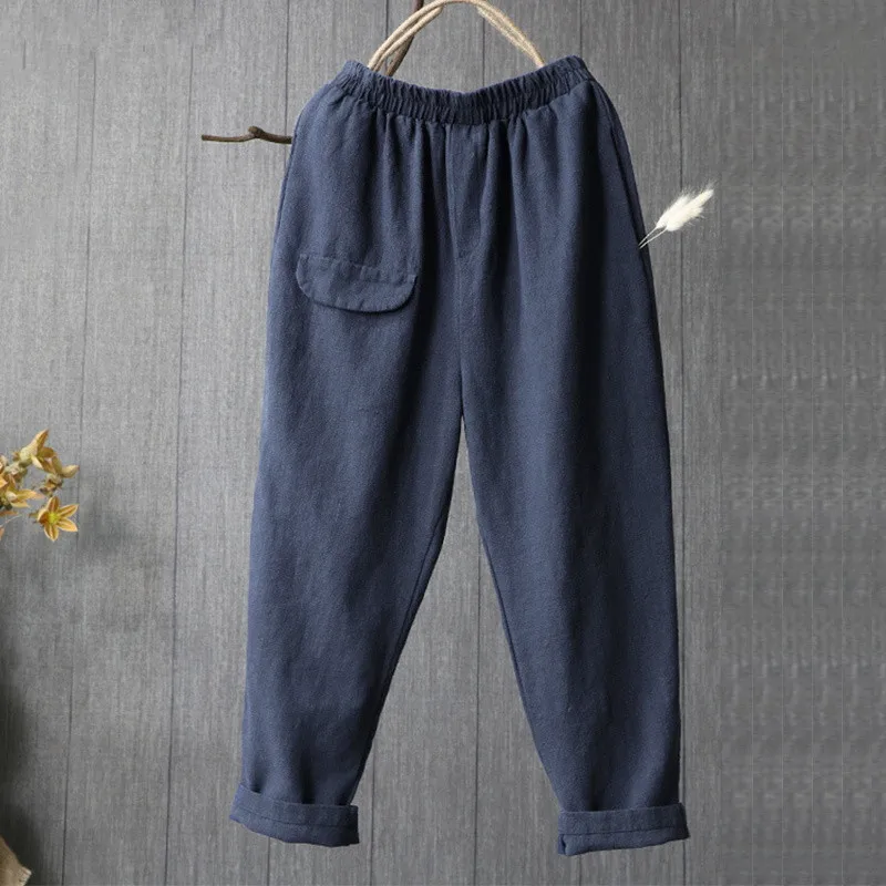 

New Solid Elastic Waist Women Harem Pants Vintage Slim Casual Summer Pants Cotton Linen Gray Black Blue Harem Trousers