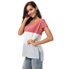 Женская летняя полосатая футболка с круглым вырезом, полосатая футболка с асимметричным подолом и короткими рукавами, повседневные топы Camisetas Mujer Verano