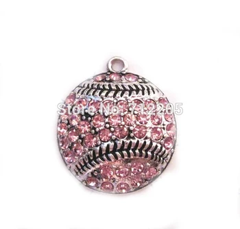 

New fashion 50pcs a lot antique silver color zinc with sparkling crystals Baseball or Softball Pink Crystal Pendant
