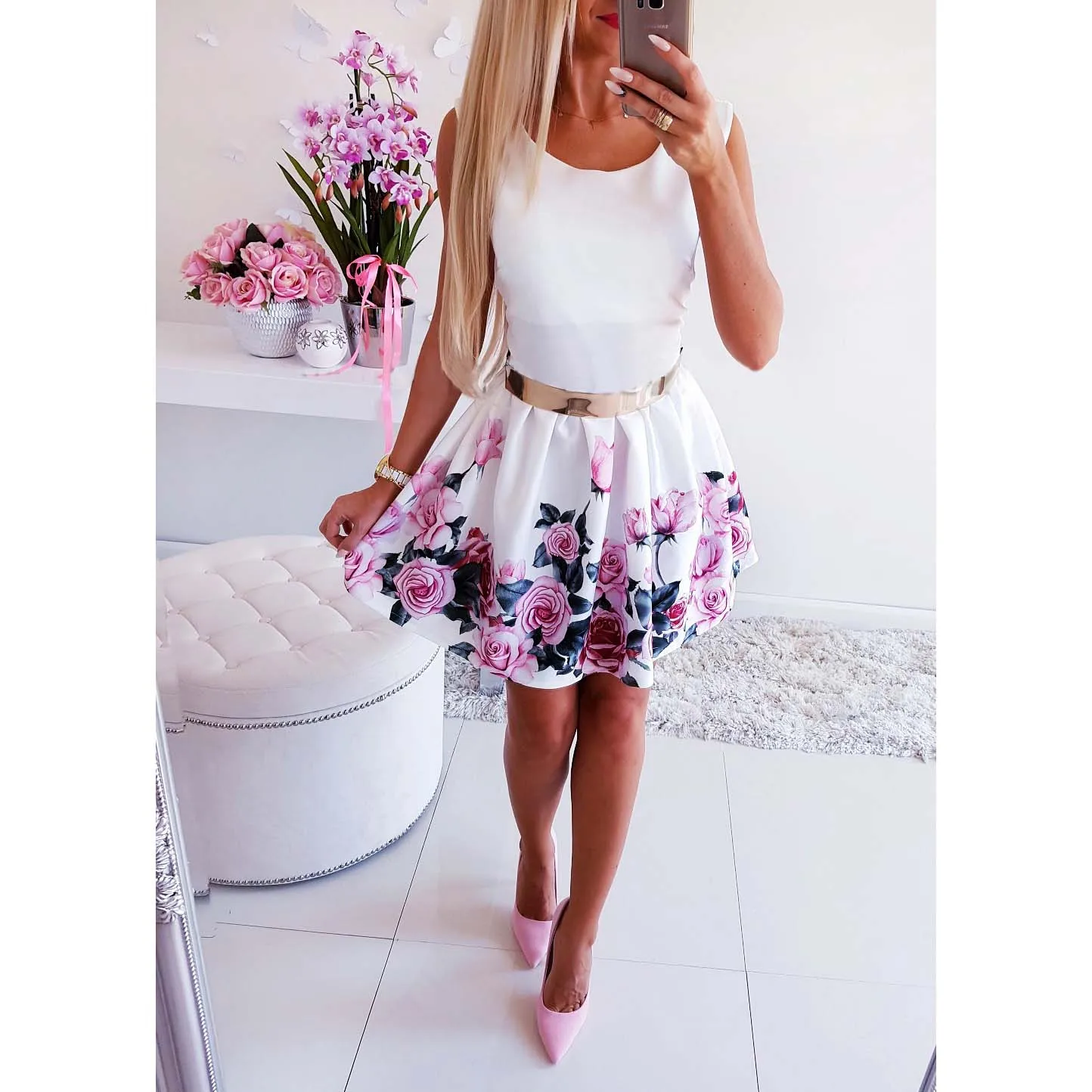 

Women Dress Summer Sleeveless O Neck Floral Print Dress Women High Waist Sashes Sundress Sexy Ladies Party Fashion Vestidos H30