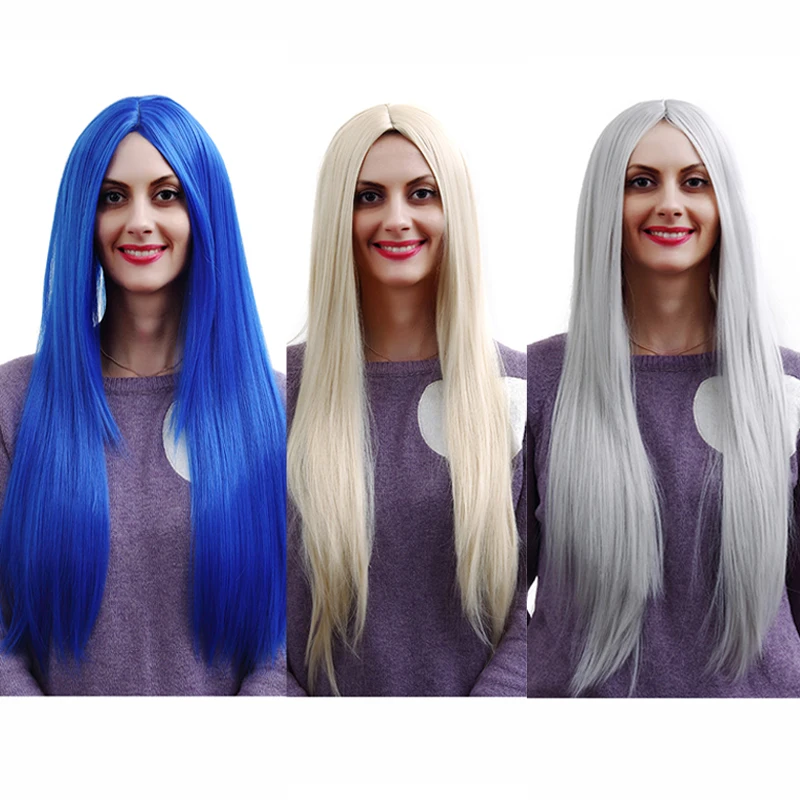 

70cm Cheap Price U Part Grey Light Blonde Blue Long Straight Wig For Women Synthetic Anime Cosplay Wigs Three Colors