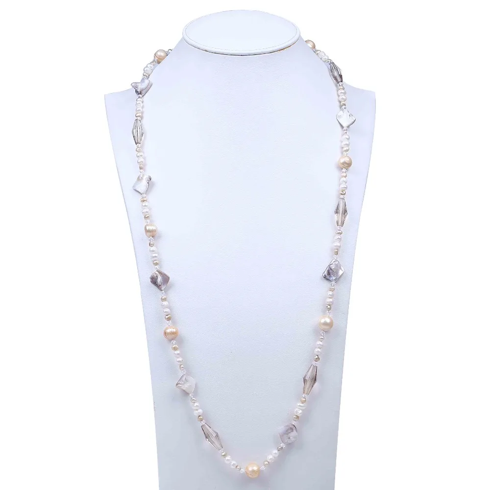 Cute Freshwater Crystal Long Necklaces Jewelry With Shell Baroque Pearlin Chain Necklaces from