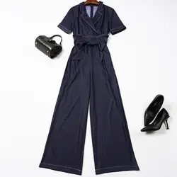 2019 женский элегантный длинный комбинезон с широкими штанинами, Летний Новый элегантный лацкан, синий джинсовый Длинный комбинезон с