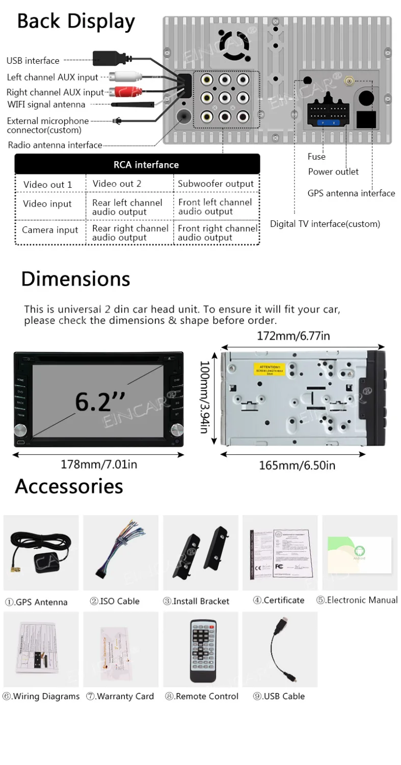 Best Video Out Universal Android 8.1 Car Stereo Double Din Headunit with Navigation 8 Core 1024 600 Touch Screen AM FM RDS Radio, 5