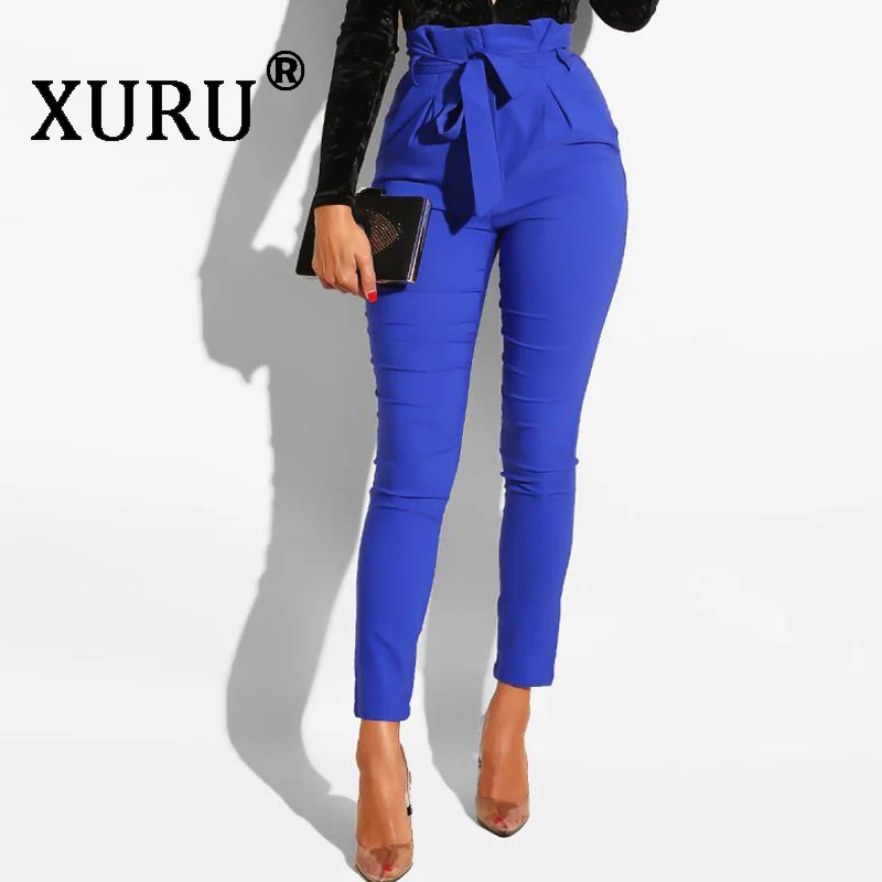 

XURU 2019 summer new slim straps nine pants European and American standard code dark blue color pencil pants