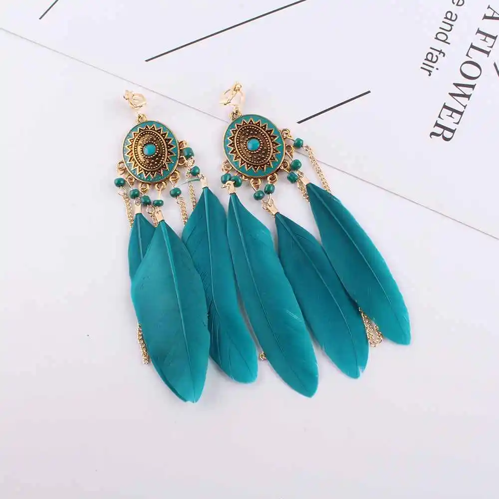 Feather Clip on Earrings Fashion Bohemian Long Tassel Enamel for Women Without Piercing Hanging Ear Clips Female Bijoux ear clip earrings clip earrings ear clip ear accessories