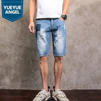 

Summer 2New Fashion Mens Denim Shorts Hole Ripped Paint Jeans For Male Straight Slim Fit Knee-Length Calca Masculina