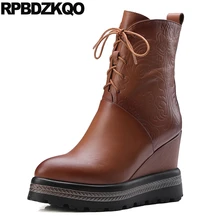 Muffin Передняя кружевная повседневная ботильоны осень обувь клинья настоящая кожа молния цветочный принт женщины Цветок напечатан коричневый на платформе каблуке женская женский китайский мода короткая