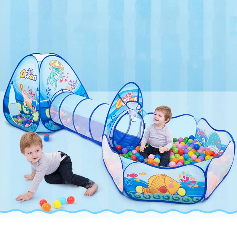 

Large Size 330*90*120 CM Foldable Kids Tent Tunnel Play Tent Blue Ocean Fish Pattern House Tents Indoor Children Baby Ball Pool