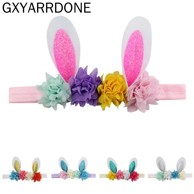 

Infantile Girls Bunny Ears Headband For 2019 Easter Headbands Kids Mini Shabby Flowers Elastic Hair Bands Party Hair Accessories