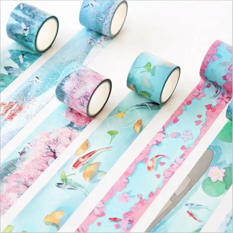 

37mm Ancient The Four Seasons Carp Koi Wild Crane Chinese ink Paintings Washi Tape DIY Planner Decoration Scrapbook Masking Tape