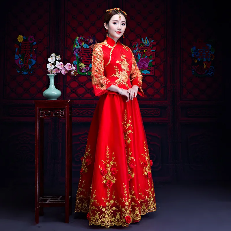 Красное свадебное платье традиционное китайское Qipao Национальный костюм для