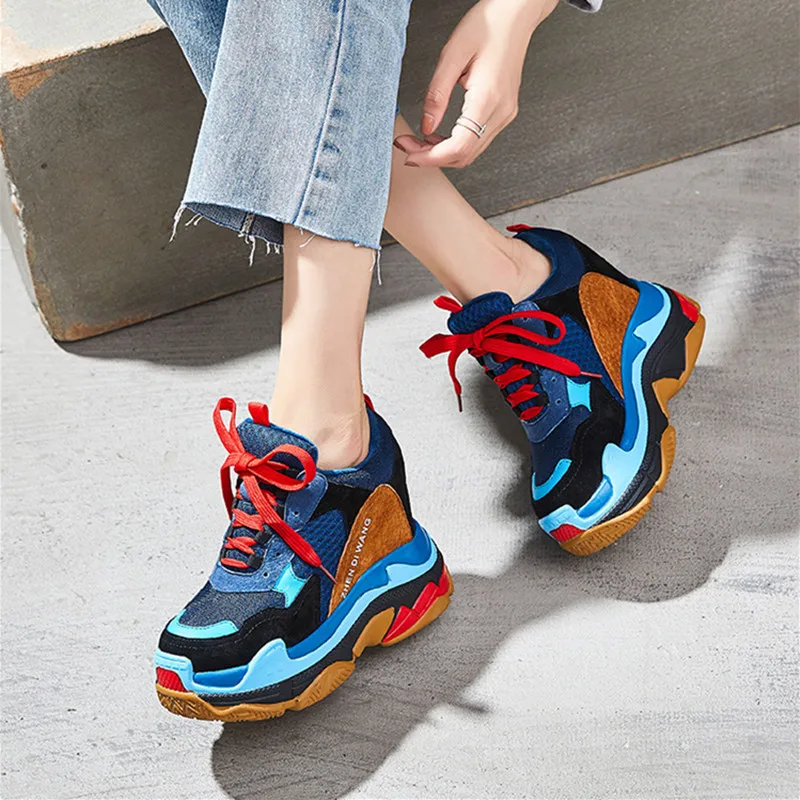 SWYIYV Fashion Shoes Women Platform Sneakers Leather 2019 New Hided Increased Chunky Heels Casual Shoes Wedge Sneakers Black