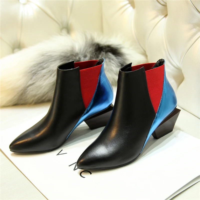 Mixed Colors Boots Women 2017 Autumn Genuine Leather Pointed Luxury designer On Boots Ankle Strange Heels European Style brand