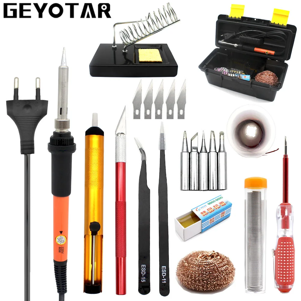 Электрический паяльник GEYOTAR с вилкой европейского стандарта 220 в 60 Вт с регулируемой температурой, набор с ящиком для инструментов, сварочный нож, сварочный инструмент для ремонта