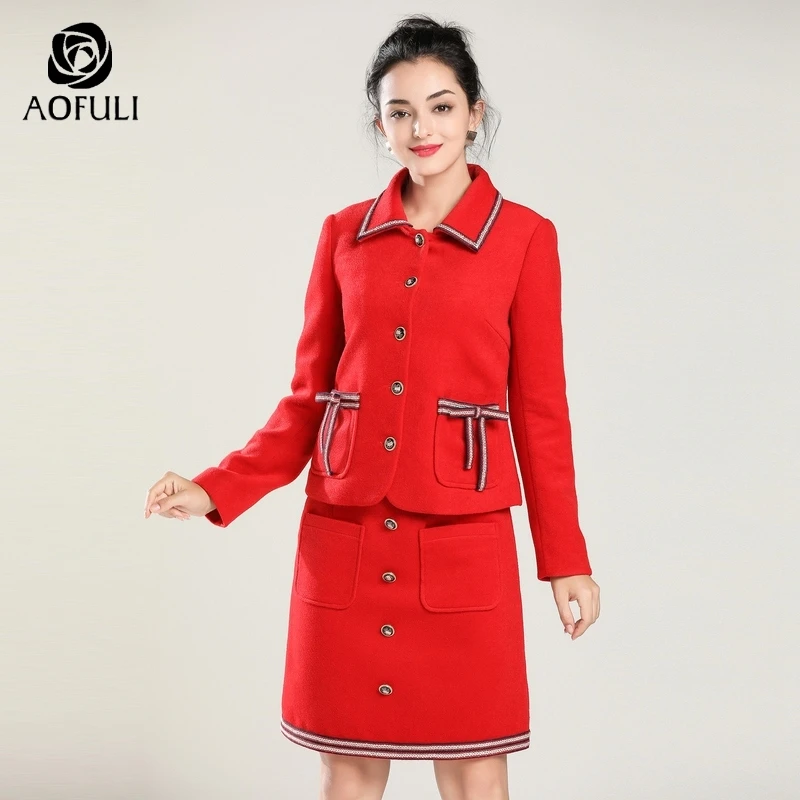 AOFULI L ~ 4XL 5XL женский шерстяной комплект с юбкой в английском стиле женские костюмы